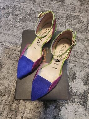 Pointed-Toe Ankle-Strap Heels in Purple, Pink & Lime